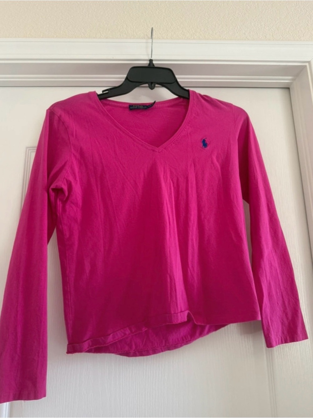 Polo by Ralph Lauren Women's Long Sleeve V-Neck Tee in Hot Pink with Blue Logo